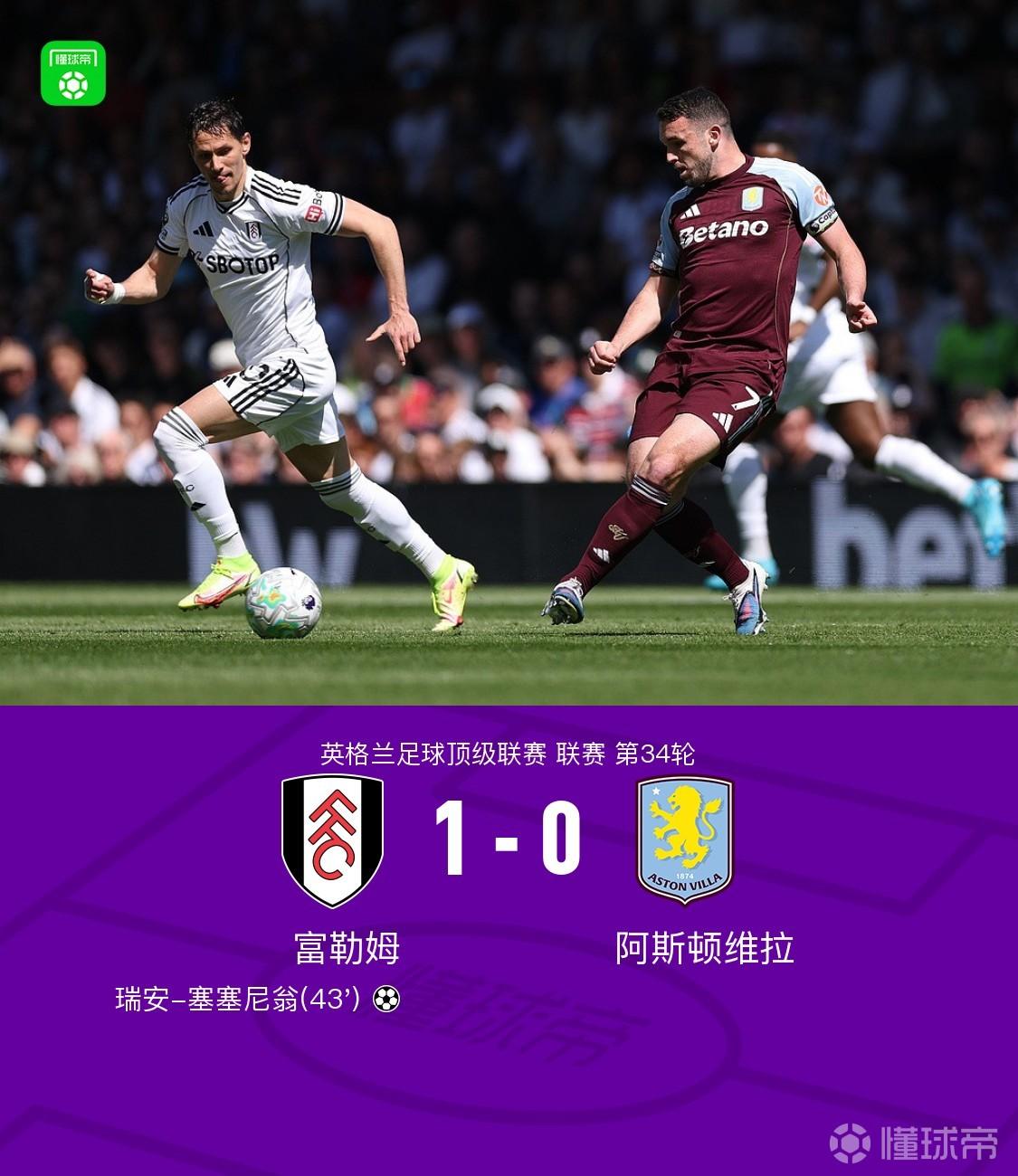 富勒姆1-0阿斯顿维拉，瑞安-塞塞尼翁制胜球